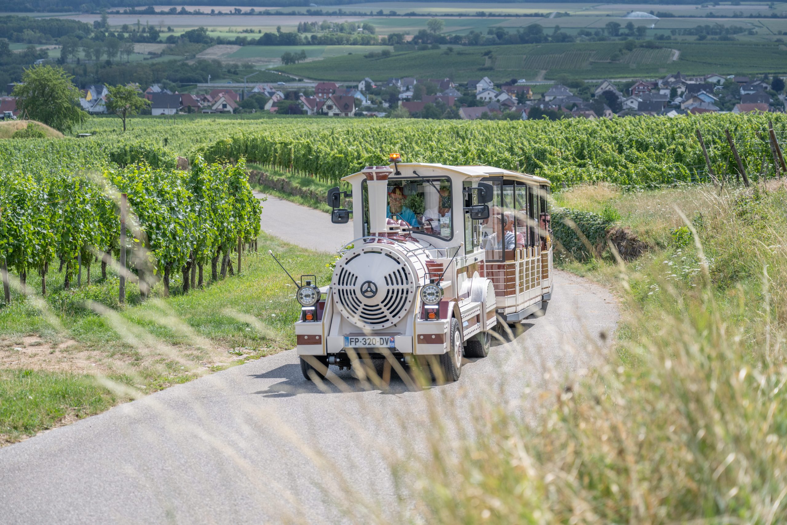Petit train touristique qui circule dans le vignoble autour de Rouffach